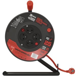 Prodlužovací kabel na bubnu 25 m / 4 zás. / s vypínačem / červený / PVC / 230V / 1